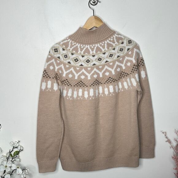 J. MCLAUGHLIN Oslo Fair Isle Wool Sweater Nordic Tan Cream Sz M {3R42} - Picture 3 of 5